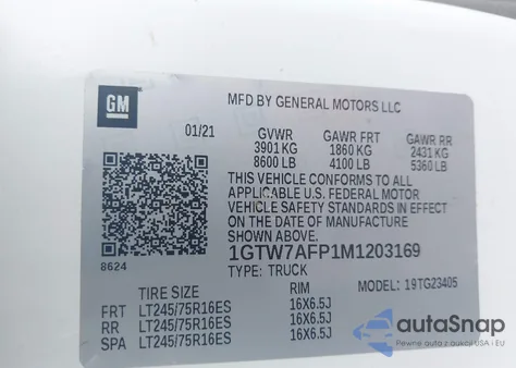 2021 GMC Savana Cargo Rwd 2500 Regular Wheelbase Work Van из США, поврежденный, VIN 1GTW7AFP1M1203169